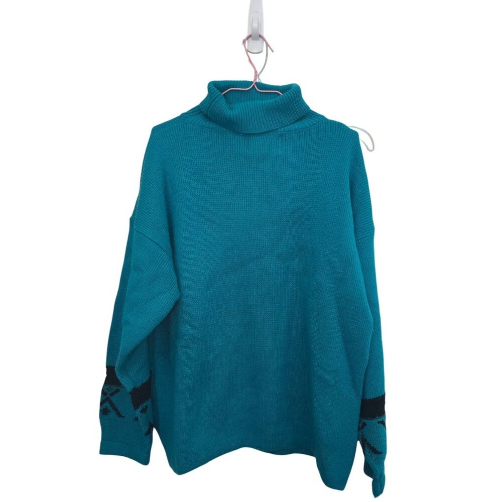 Vintage Gitano Teal Turtleneck‎ Sweater With Aztec Pattern - Size L - Acrylic - Picture 2 of 3
